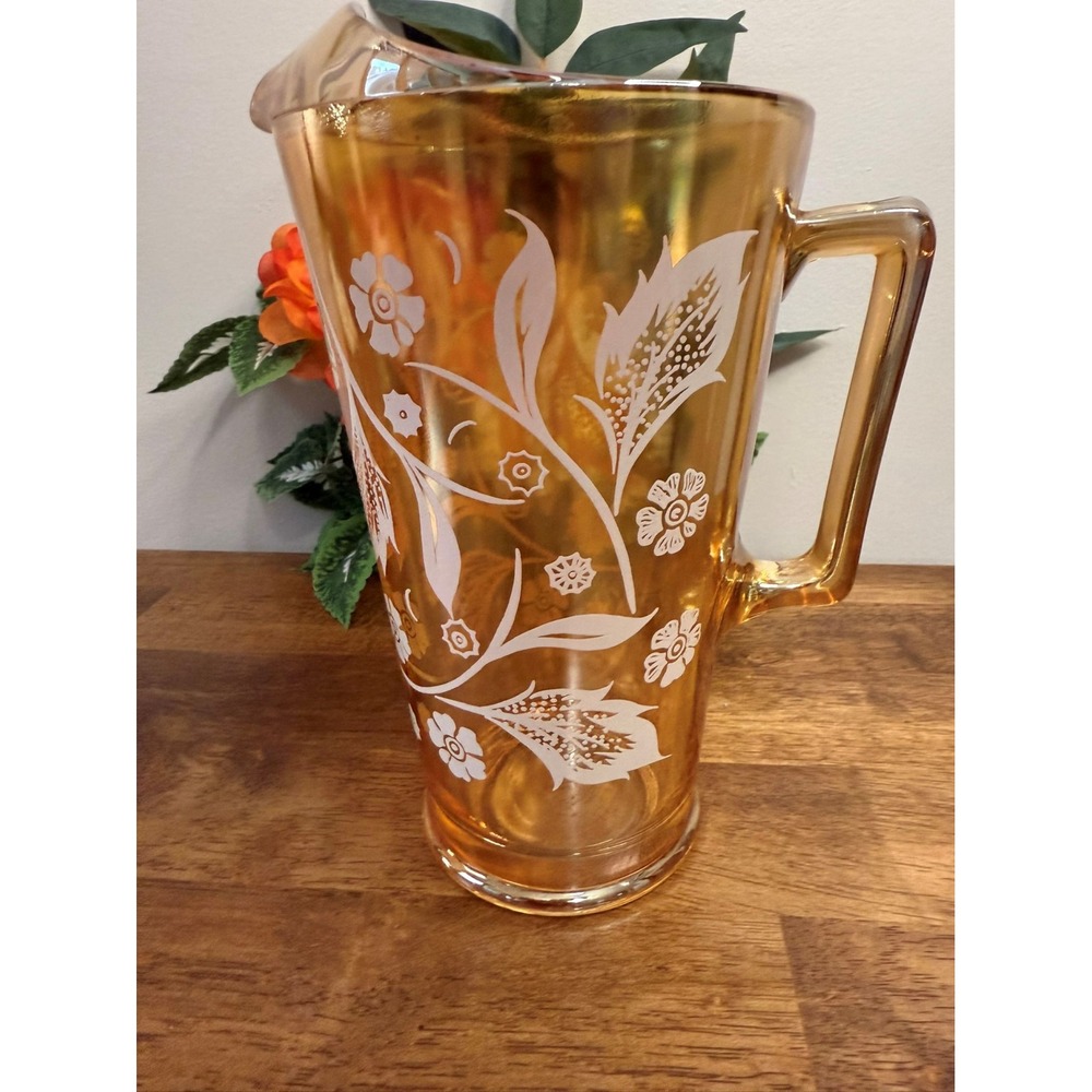 Jeannette Marigold‎ Carnival Glass Pitcher – Etched Floral Depression Era Jug